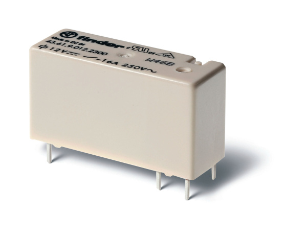 Finder Низкопрофильное миниатюрное электромеханическое реле; монтаж на печатную плату; выводы с шагом 5мм; 1NO 16A; контакты AgCdO; катушка 12В DС; ст 436190122300