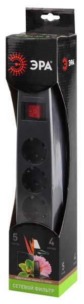 Купить ЭРА SF-5es-4m-B Черный Сетевой фильтр надежная защита, с защитным шторками, с выключателем, 5гн, 4м, ПВС, 10А, шторки C0039531