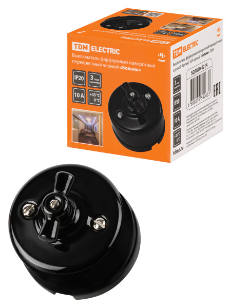 TDM Выключатель фарфоровый поворотный перекрёстный с ручкой (бантик) 10А черный «Болонь» SQ1820-0214