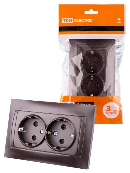 TDM Розетка двойная 2П+З 16А 250В шоколад "Лама" SQ1815-0525