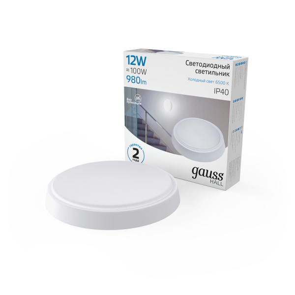 Купить Gauss Светильник ЖКХ HALL круг 12W 980lm 6500K 200-240V IP40 D135*32мм белый LED 193411312