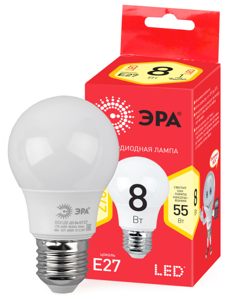 ЭРА ECO LED A55-8W-827-E27 (диод, груша, 8Вт, тепл, E27)