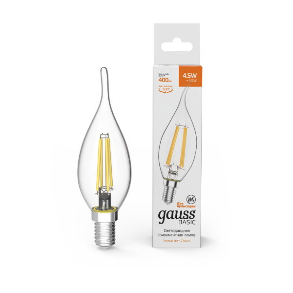 Купить Gauss Лампа Basic Filament Свеча на ветру 4,5W 400lm 2700К Е14 LED 1041115