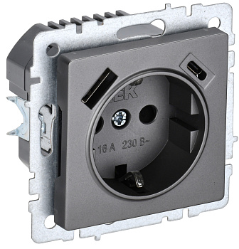 IEK BRITE BASE Сталь Розетка с з/к/ш 16А с USB A+C 18Вт РЮш11-1-БрС
