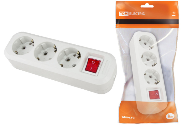 TDM Колодка розеточная 3 гнезда 2П+3 c выключателем 16А 250В белая SQ1806-0017