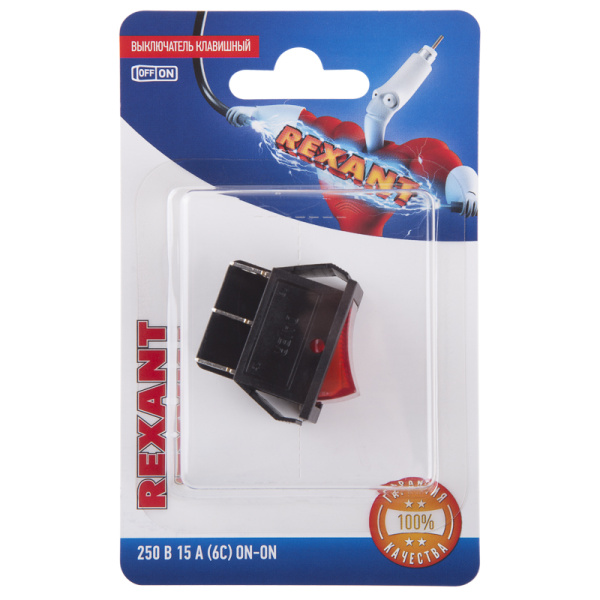 Выключатель клавишный 250V 15А (6с) ON-ON красный с подсветкой (RWB-506, SC-767) (в упак. 1шт.) Rexant 06-0305-B