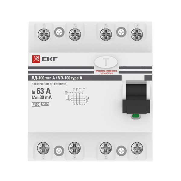 Купить EKF PROxima ВД-100  УЗО 4P 63А/30мА (A) электромеханическое