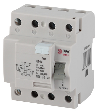 ЭРА SIMPLE-mod-54 SIMPLE Устройство защитного отключения УЗО ВД-40 4P 63А/300мА (электронное)