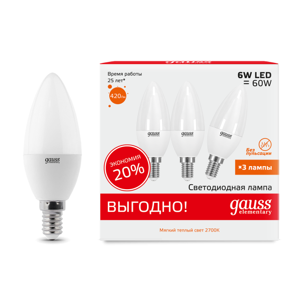 Купить Gauss Лампа Elementary Свеча 6W 420lm 3000K E14 (3 лампы в упаковке) LED 1/40 33116T