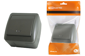 TDM Выключатель 1-кл. открытой установки с подсветкой IP44 10А серый "Селигер" SQ1818-0103