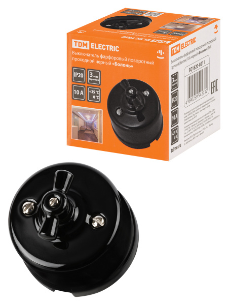 TDM Выключатель фарфоровый поворотный проходной с ручкой (бантик) 10А черный «Болонь» SQ1820-0211