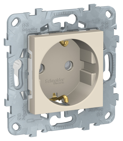 Купить SE Unica New Беж Розетка с/з со шторками, винт. зажим, 16А, 250В, NU503744