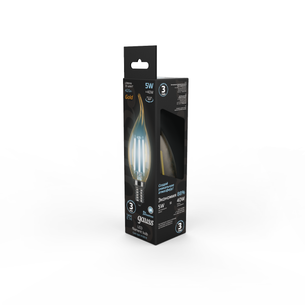 Купить Gauss Лампа Filament Свеча на ветру 5W 420lm 4100К Е14 golden LED 104801805