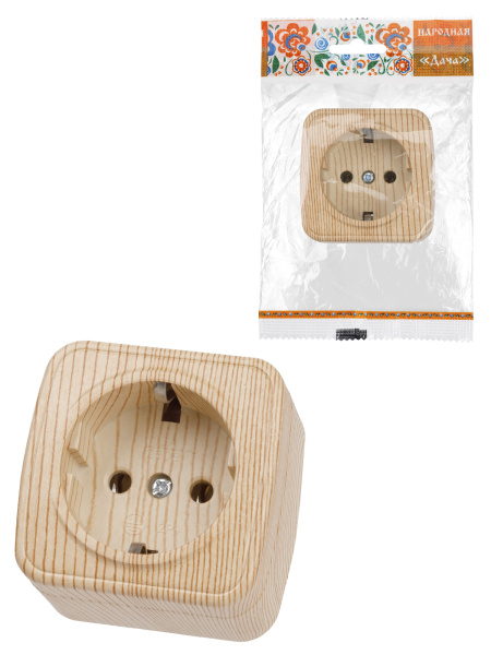 TDM Розетка 2П+З открытой установки IP20 16А, сосна "Дача" Народная SQ1824-0038