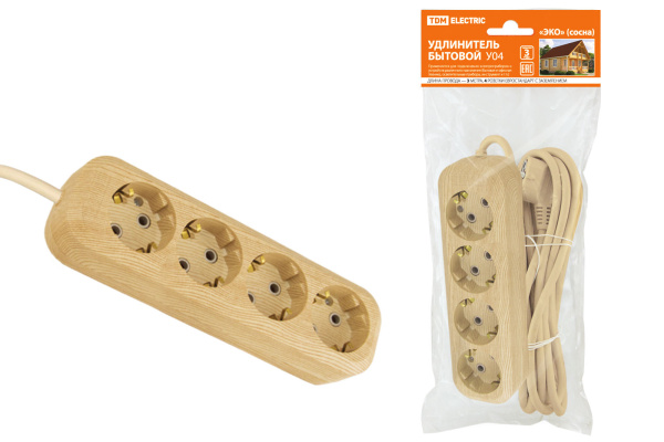 TDM Удлинитель бытовой У04 4 гнезда, 3метра,2П+3, ПВС 3х1мм2 "Эко" (сосна) 16А/250В SQ1303-2011