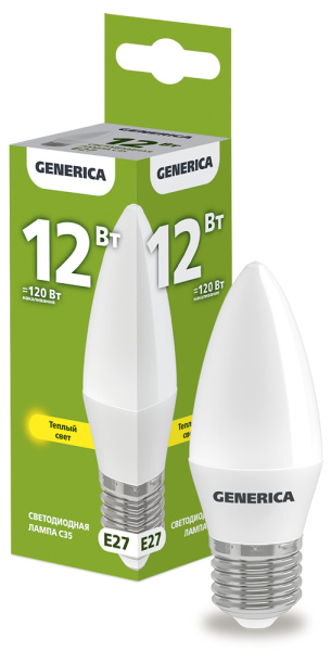 IEK GENERICA Лампа LED C35 свеча 12Вт 230В 3000К E27 LL-C35-12-230-30-E27-G