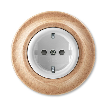 ABB Decento Белый фарфор / Натуральное дерево "Бук" Розетка с заземлением со шторками 16А 2CHK203459C4050