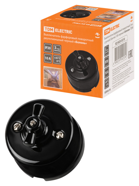 TDM Выключатель фарфоровый поворотный 2-кл. с ручкой (бантик) 10А черный «Болонь» SQ1820-0210