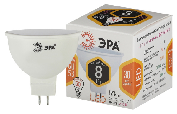 ЭРА Лампочка светодиодная STD LED MR16-8W-827-GU5.3 GU5.3 8 Вт софит теплый белый свет