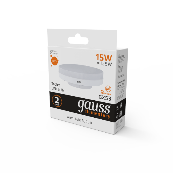 Купить Gauss Лампа Elementary GX53 15W 1020lm 3000K LED 83815