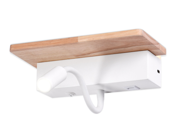 Ambrella Настенный светодиодный светильник с выключателем, USB портом и полкой FW290 WH/LW белый/светлое дерево LED 4200K+3000K 4W+1W 265*110*130
