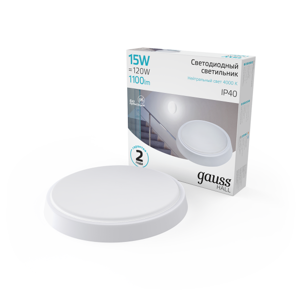 Купить Gauss Светильник ЖКХ HALL круг 15W 1100lm 4000K 200-240V IP40 D155*33мм белый LED 193411215