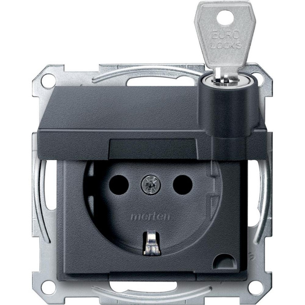 Купить SE Merten SM Антрацит Розетка Schuko с крышкой запирающейся на замок, с защитными шторками, безвинт. зажим MTN2315-0414