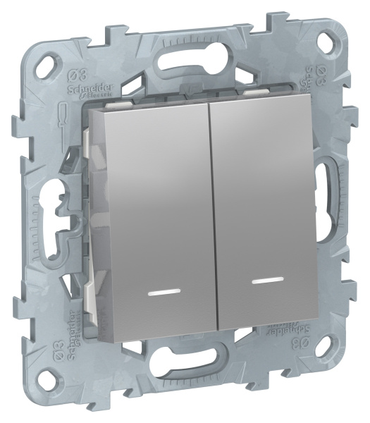 Купить SE Unica New Алюминий Выключатель 2-клавишный, 2 модуля, с подсветкой, 2 х сх. 1а NU521130N