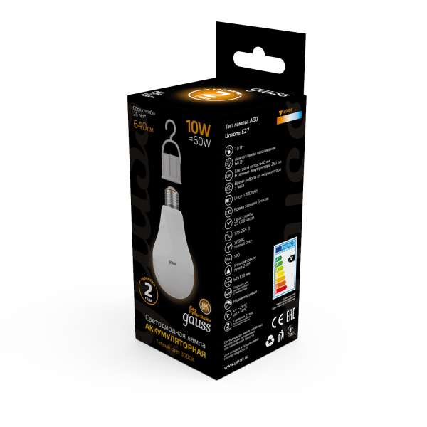 Купить Gauss Лампа A60 10W 640lm 3000K E27 с Li-Ion аккумулятором LED 102402100