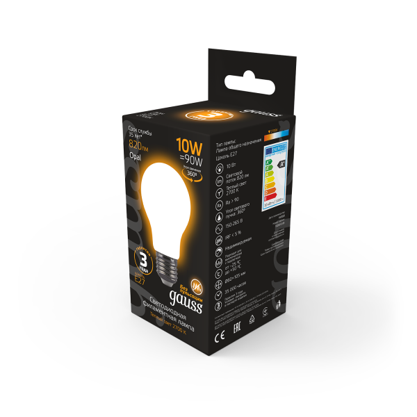 Купить Gauss Лампа Filament А60 10W 820lm 2700К Е27 milky LED 102202110
