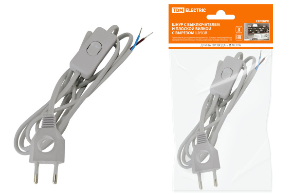 TDM Шнур с выключателем и плоской вилкой с вырезом ШУ03В ШВВП 2х0,75мм2 2 м. серебр. металлик SQ1305-0025