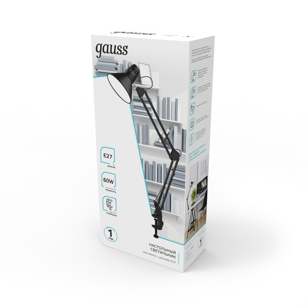 Купить Gauss Светильник настольный модель GTL001 60W 220-240V E27 черный струбцина 1/16 GT0012