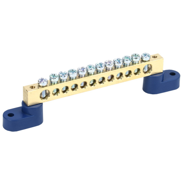 Шина «N» нулевая 8х12 мм на двух угловых синих изоляторах 12 групп Rexant 11-2335