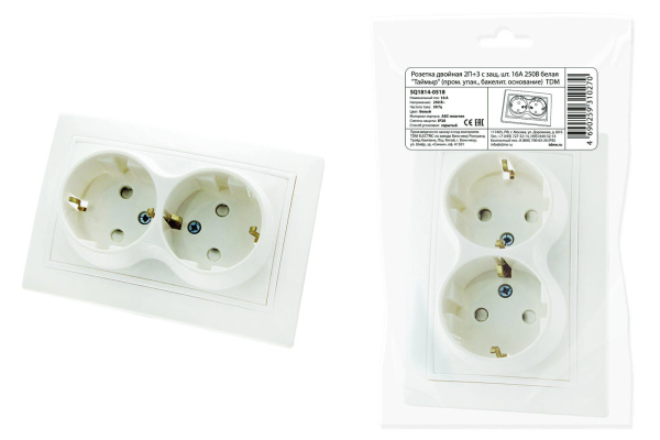 TDM Розетка двойная 2П+З с защ. шт. 16А 250В белая "Таймыр" (пром. упак., бакелит. основание) SQ1814-0518