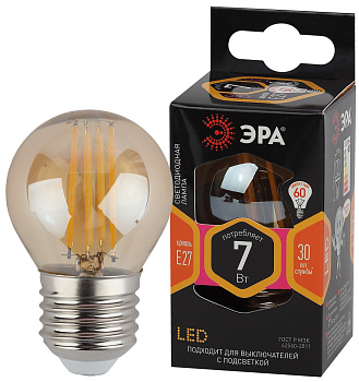 ЭРА F-LED P45-7W-827-E27 gold (филамент, шар золот, 7Вт, тепл, E27) Б0047017 ЭРА F-LED P45-7W-827-E27 gold (филамент, шар золот, 7Вт, тепл, E27) Б0047017