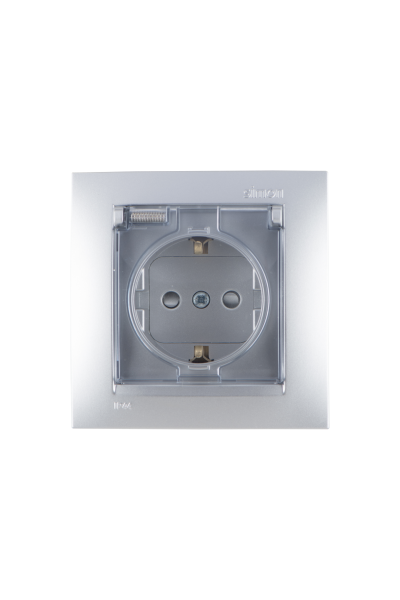 Купить Simon 15 Алюминий Розетка с/з, со шторками, с крышкой, IP44, 16А, 250В, винт.зажим 1590450-033