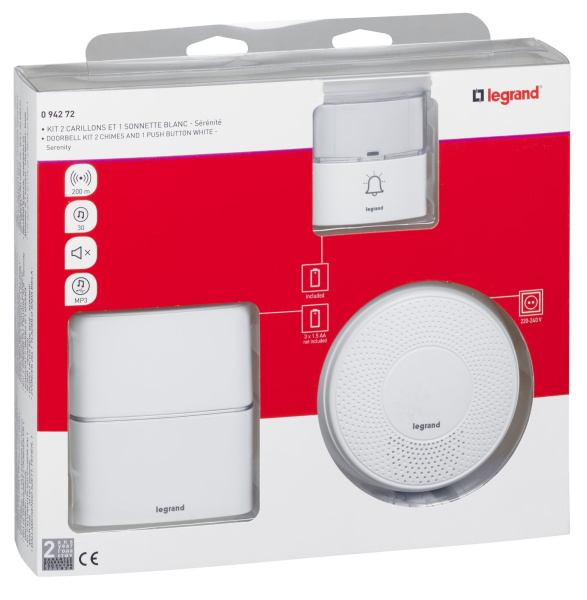 Купить Legrand Звонок беспроводной - комплект "Премиум" - 30 рингтонов - дальность 200 м - цвет белый - дополнительный звонок "Комфорт" с питанием от сети 22 094272