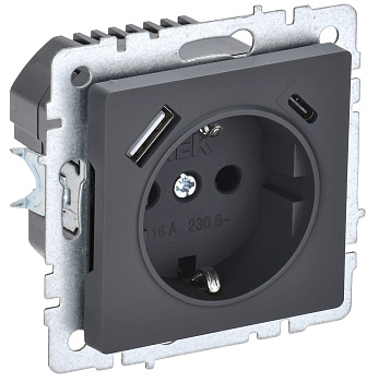 IEK BRITE BASE Графит Розетка с з/к/ш 16А с USB A+C 18Вт РЮш11-1-БрГ