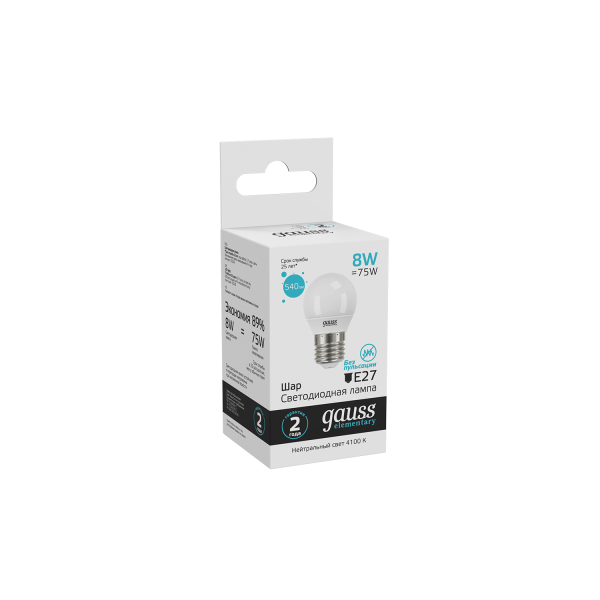 Купить Gauss Лампа Elementary Шар 8W 540lm 4100K Е27 LED 53228