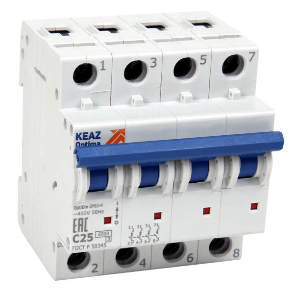 КЭАЗ OptiDin BM63 Автоматический выключатель 4P 25A C 6кА AC (BM63-4C25-ОМ4-РЕГ) 281608