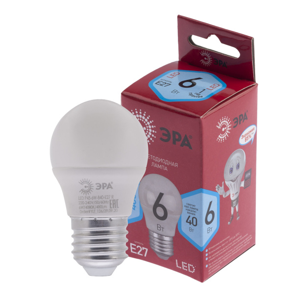 ЭРА LED P45-6W-840-E27 R (диод, шар, 6Вт, нейтр, E27) (10/100/4000)