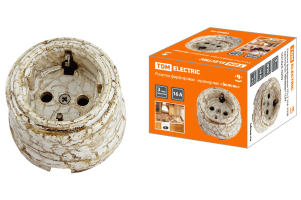 TDM Розетка фарфоровая 2П+З 16А 250В мраморная «Болонь» SQ1820-0009
