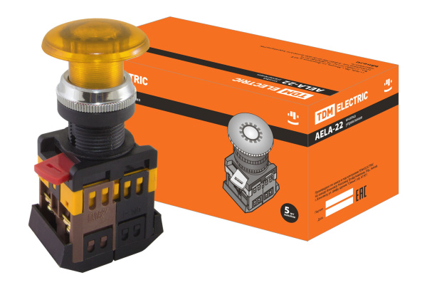 TDM Кнопка AELA-22 "Грибок" желтый d22мм неон/230В 1з+1р SQ0704-0034