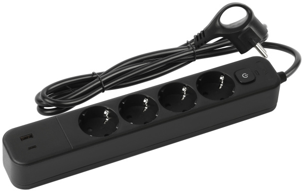 ЭРА Сетевой фильтр USF-4es-1,5m-2xUSBAC-B с базовой защитой с заземлением с выкл. 4 розетки+2xUSBA+C 3,1A 1,5м 10А