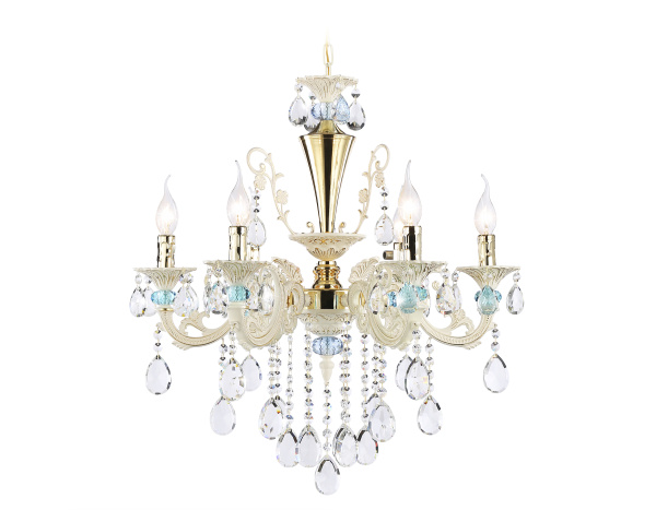 Ambrella Подвесная люстра с хрусталем TR4923/6 GD/WH/BL золото/белый/голубой E14*6 max 40W D600*620