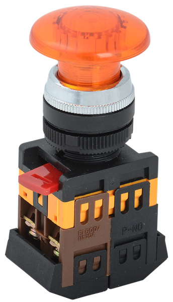 IEK Кнопка AELA22 Грибок желтый d22мм неон/240В 1з+1р