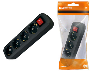 TDM Колодка розеточная 4 гнезда 2П+3 c выключателем 16А 250В черная SQ1806-0118