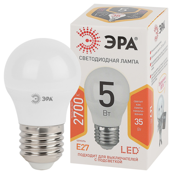 ЭРА LED P45-5W-827-E27 (диод, шар, 5Вт, тепл, E27)