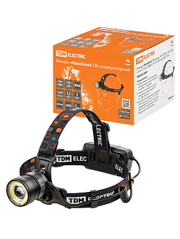 TDM Фонарь «Налобный 12» аккум., 5 Вт CREE+3 Вт COB, Li-Ion 3,7 В 2x18650 2,4 А*ч, 650 лм, USB, SQ0350-0069