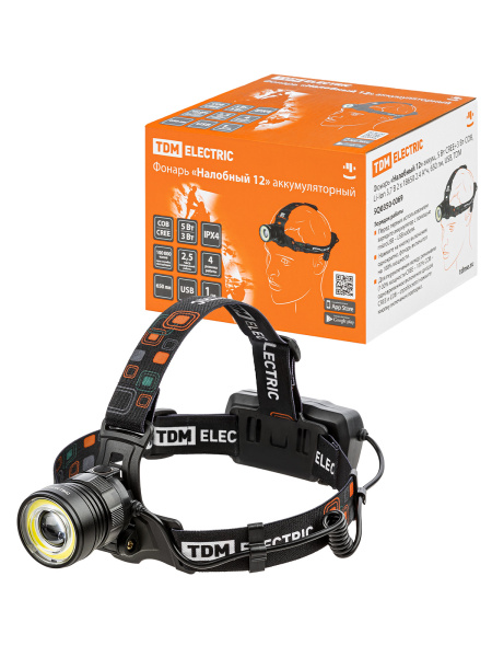 TDM Фонарь «Налобный 12» аккум., 5 Вт CREE+3 Вт COB, Li-Ion 3,7 В 2x18650 2,4 А*ч, 650 лм, USB, SQ0350-0069